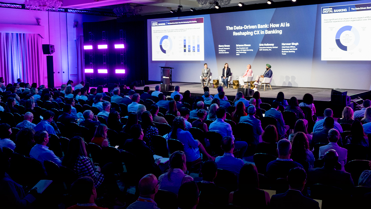 Full ballroom audience watching a panel at Digital Banking