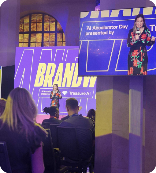 Keynote on stage at an Adweek AI Accelerator Day session